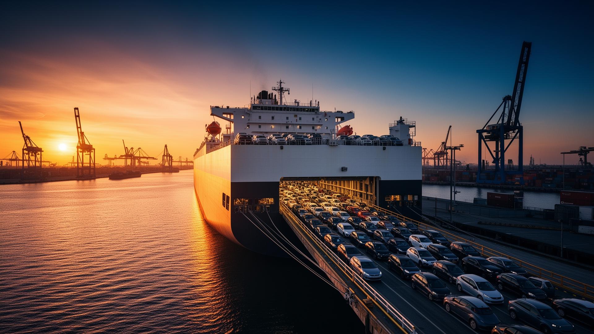 Cargo ship loaded with vehicles at the Port of Antwerp at sunset